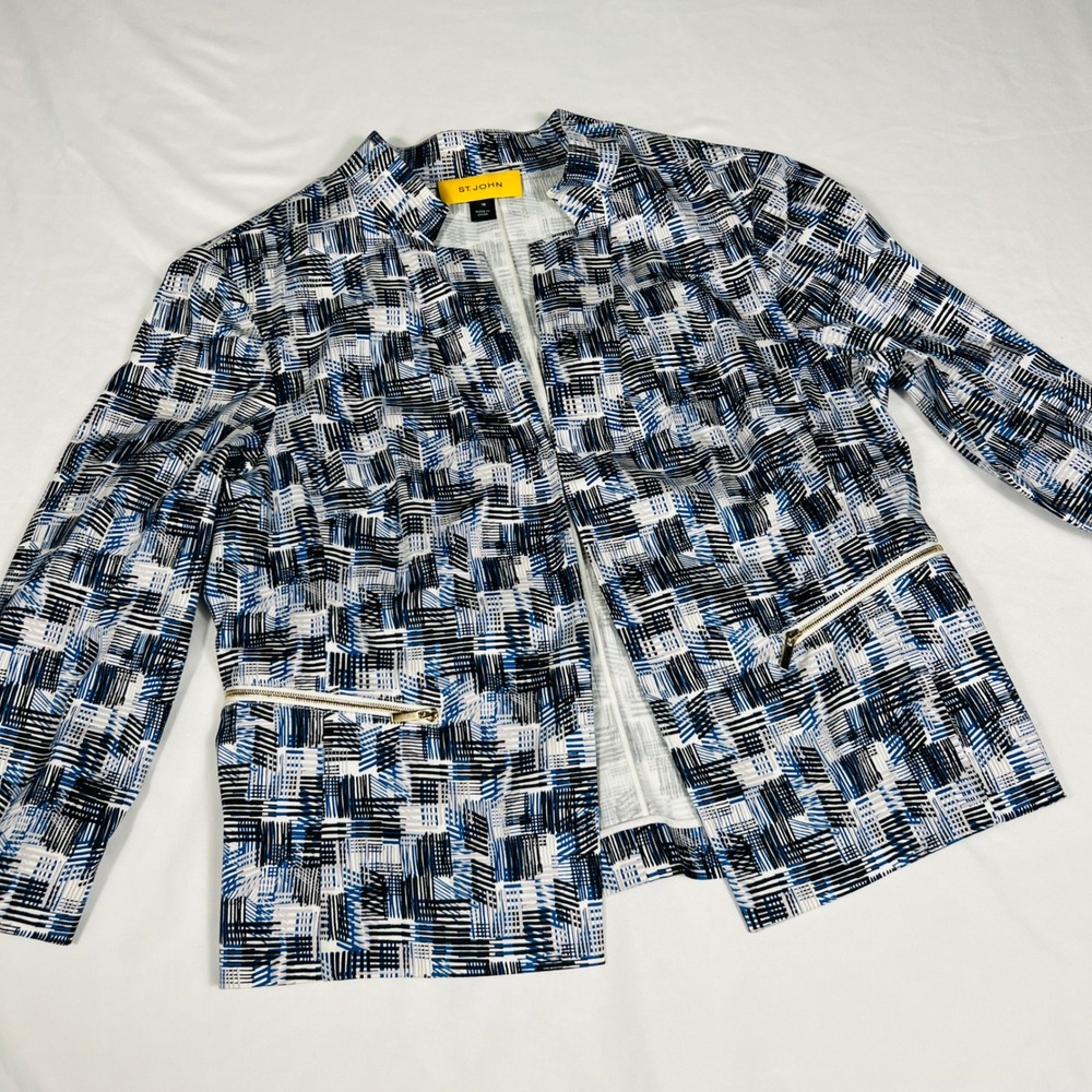 St John Women Blue Black White Geometric Print Open Front Jacket Size 10 Casual - Picture 3 of 8